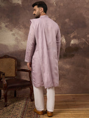 Ethnic Bay Men Lavender Silk Blend Solid Embroidered Straight Kurta with Dupatta-MKUD1002
