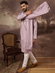 Ethnic Bay Men Lavender Silk Blend Solid Embroidered Straight Kurta with Dupatta-MKUD1002