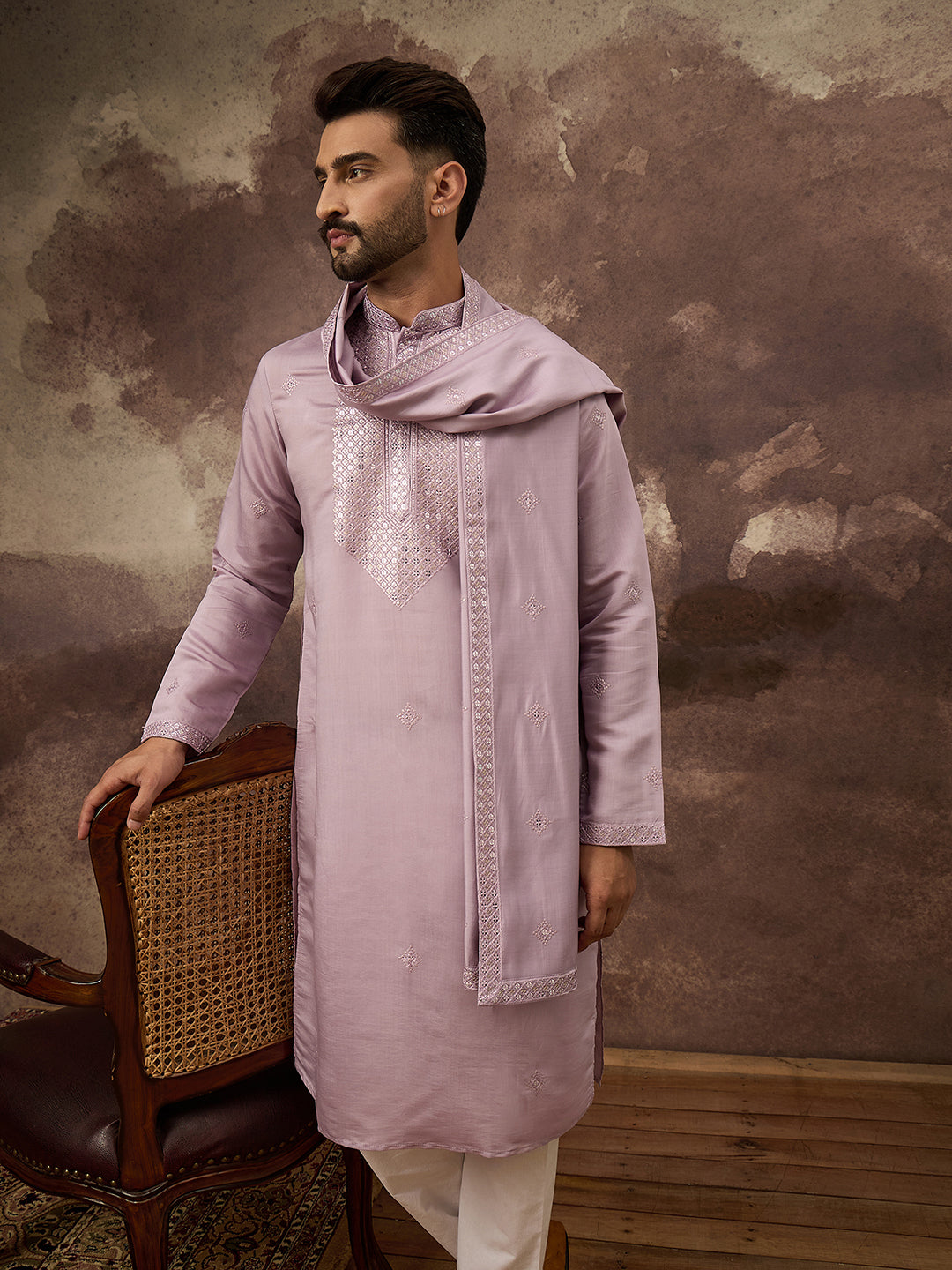 Ethnic Bay Men Lavender Silk Blend Embroidered Straight Kurta Trouser with Dupatta-MKPD1002