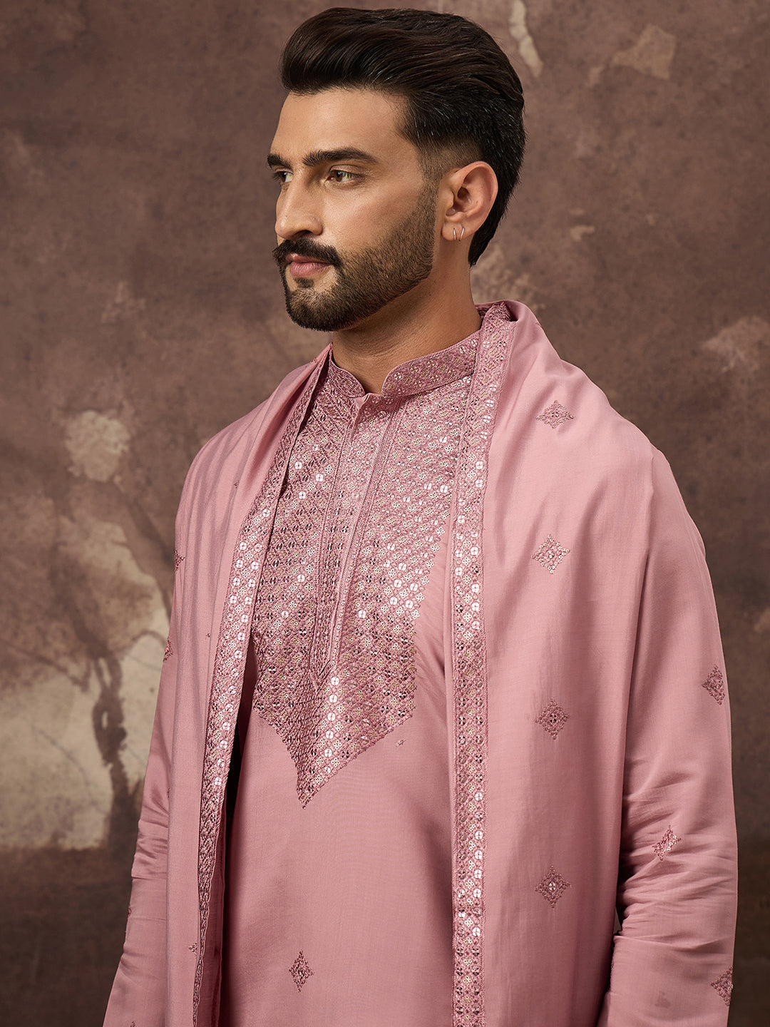 Ethnic Bay Men Pink Silk Blend Solid Embroidered Straight Kurta with Dupatta-MKUD1003