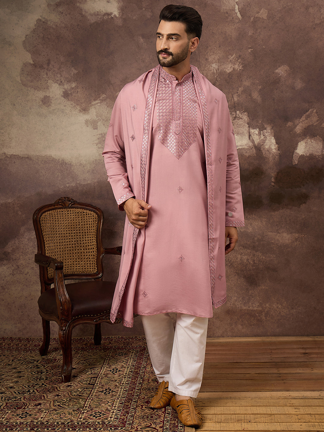 Ethnic Bay Men Pink Silk Blend Embroidered Straight Kurta Trouser with Dupatta-MKPD1003