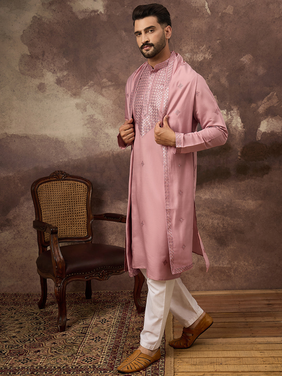 Ethnic Bay Men Pink Silk Blend Solid Embroidered Straight Kurta with Dupatta-MKUD1003