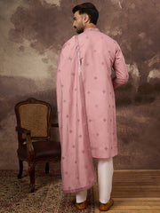 Men Pink Silk Blend Solid Embroidered Straight Kurta with Dupatta-MKUD1003
