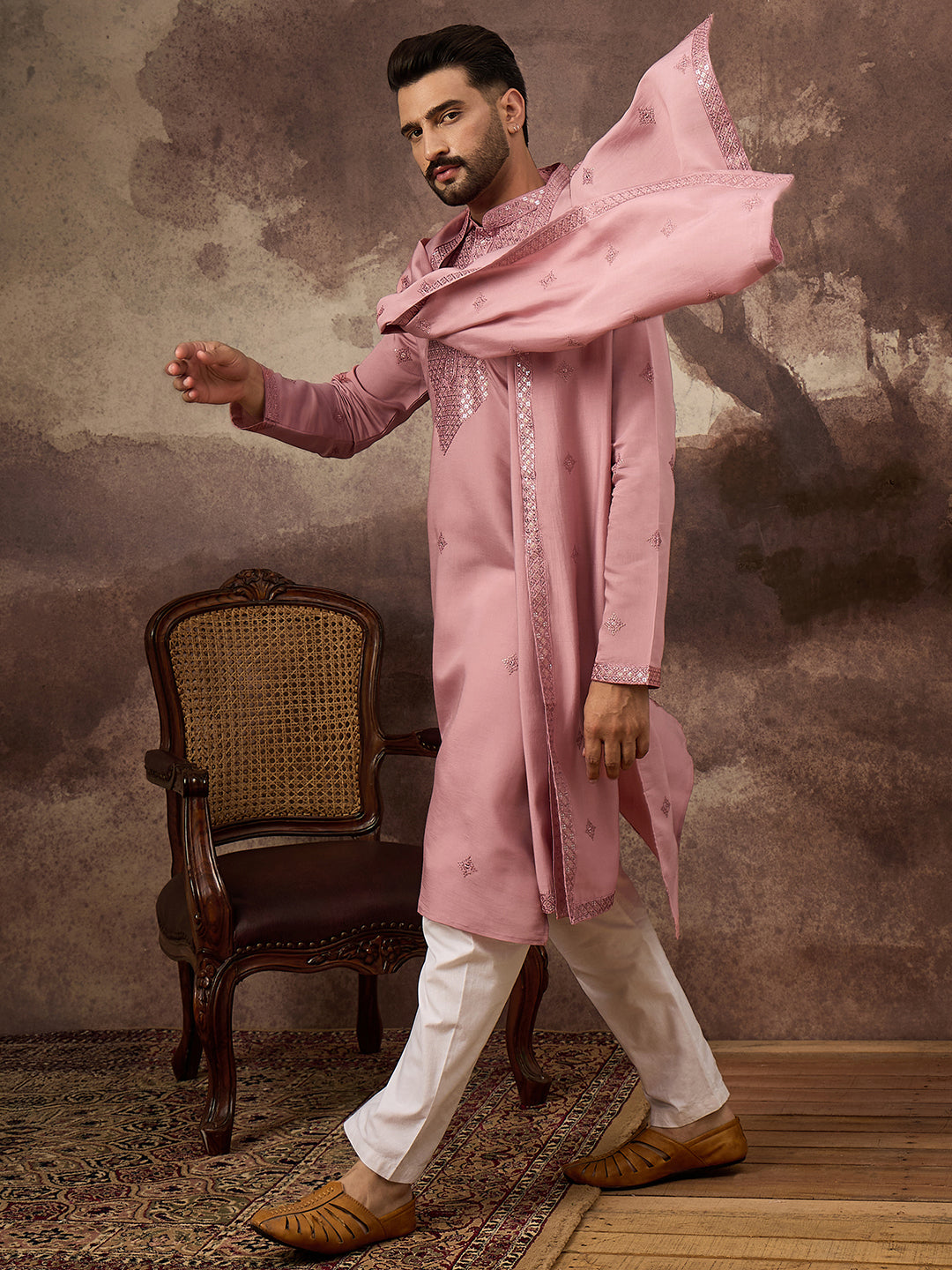 Ethnic Bay Men Pink Silk Blend Solid Embroidered Straight Kurta with Dupatta-MKUD1003