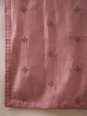 Men Pink Silk Blend Solid Embroidered Straight Kurta with Dupatta-MKUD1003