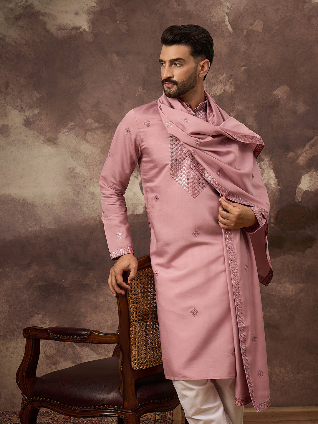 Ethnic Bay Men Pink Silk Blend Solid Embroidered Straight Kurta with Dupatta-MKUD1003