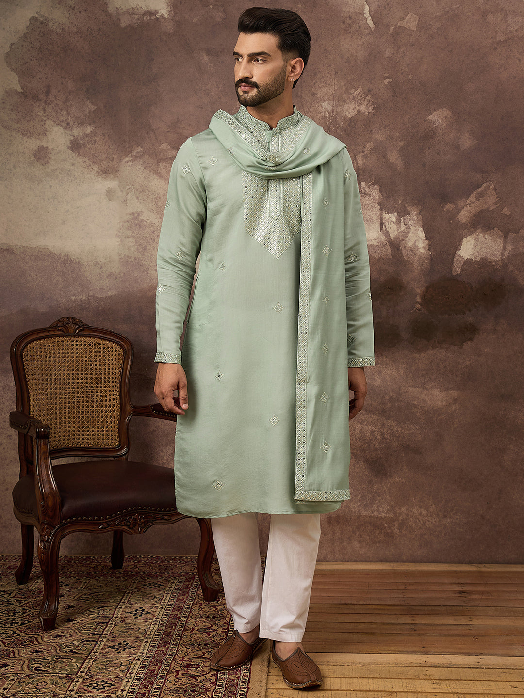 Ethnic Bay Men Green Silk Blend Embroidered Straight Kurta Trouser with Dupatta-MKPD1004