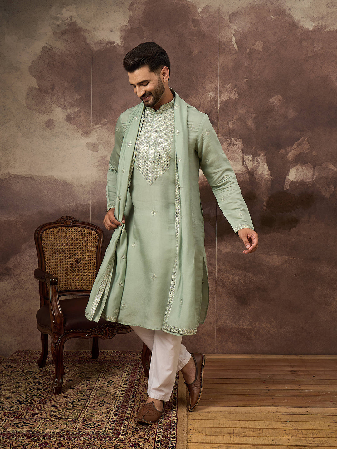 Ethnic Bay Men Green Silk Blend Embroidered Straight Kurta Trouser with Dupatta-MKPD1004