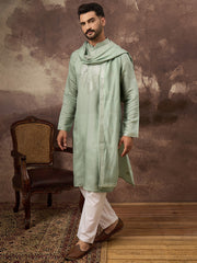 Ethnic Bay Men Green Silk Blend Solid Embroidered Straight Kurta with Dupatta-MKUD1004