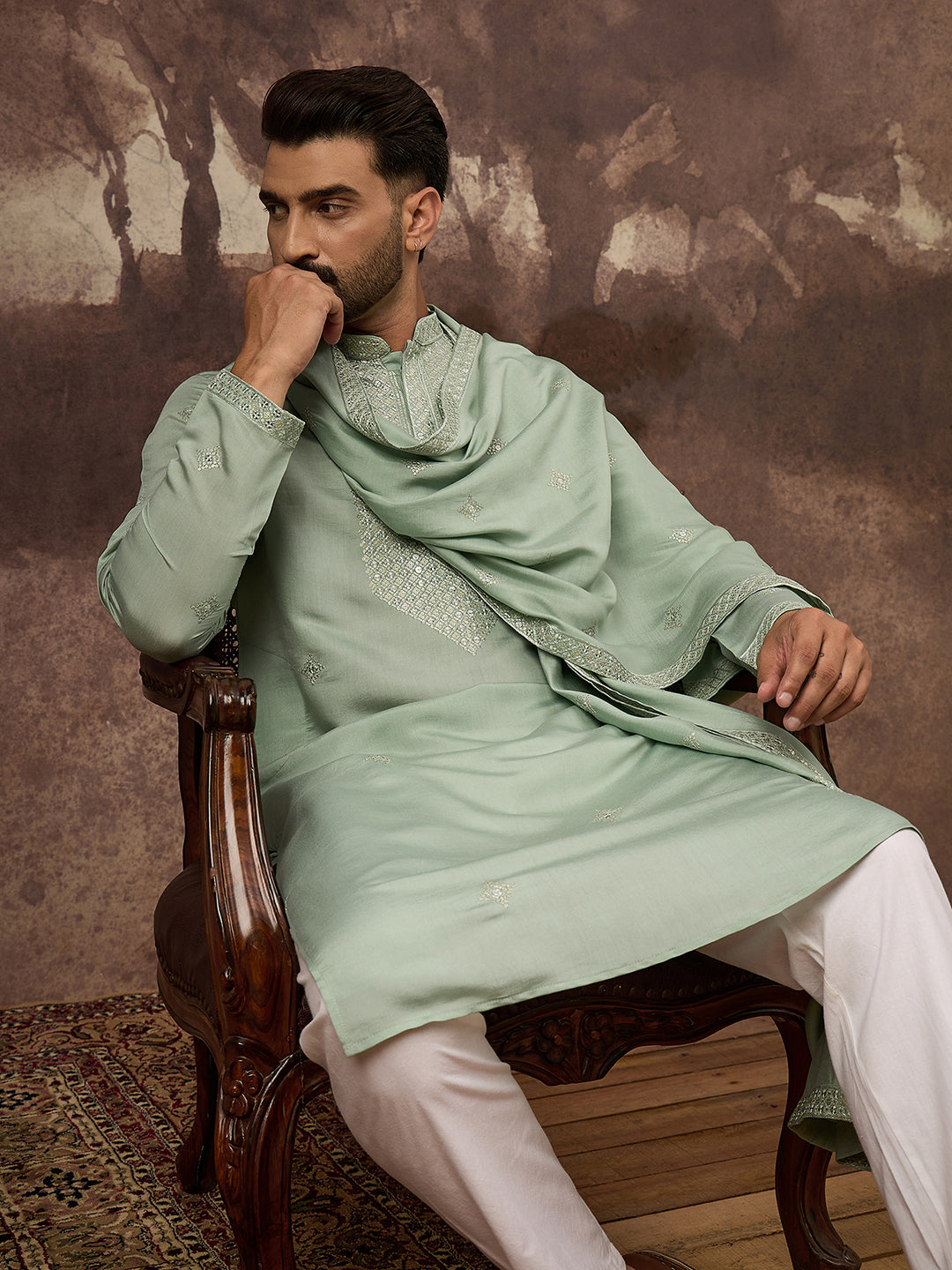 Ethnic Bay Men Green Silk Blend Embroidered Straight Kurta Trouser with Dupatta-MKPD1004