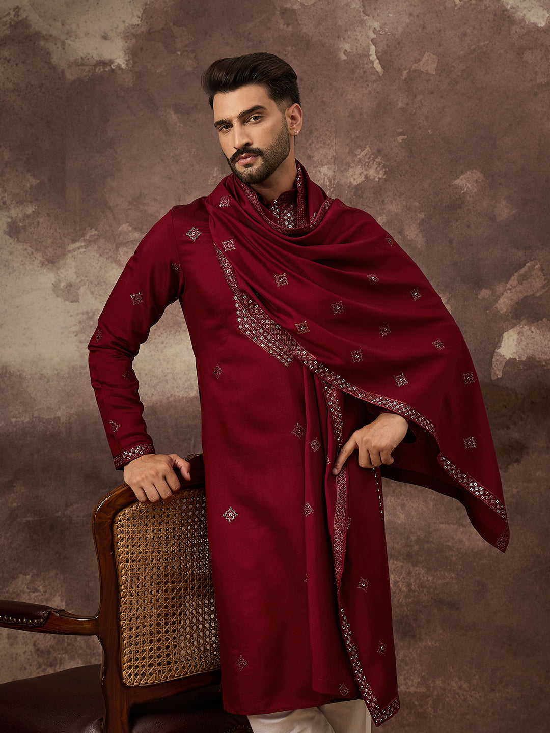 Ethnic Bay Men Maroon Silk Blend Embroidered Straight Kurta Trouser with Dupatta-MKPD1005