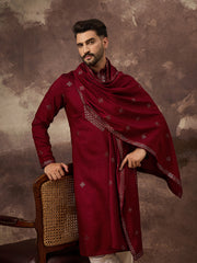 Ethnic Bay Men Maroon Silk Blend Embroidered Straight Kurta Trouser with Dupatta-MKPD1005