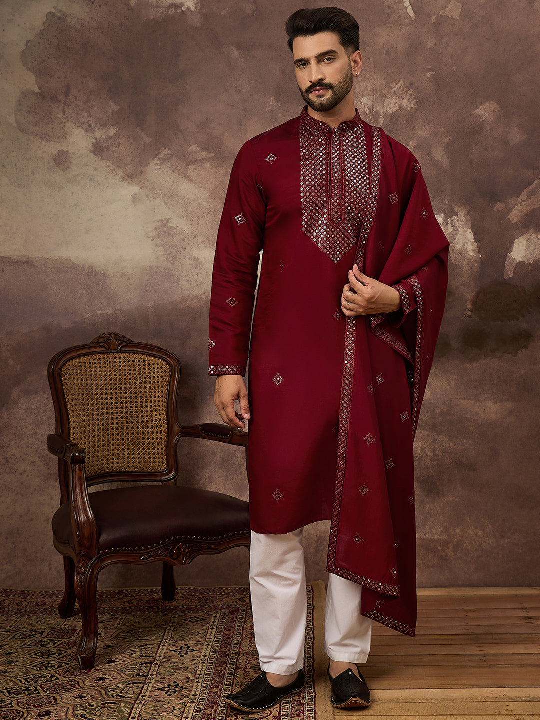 Ethnic Bay Men Maroon Silk Blend Solid Embroidered Straight Kurta with Dupatta-MKUD1005
