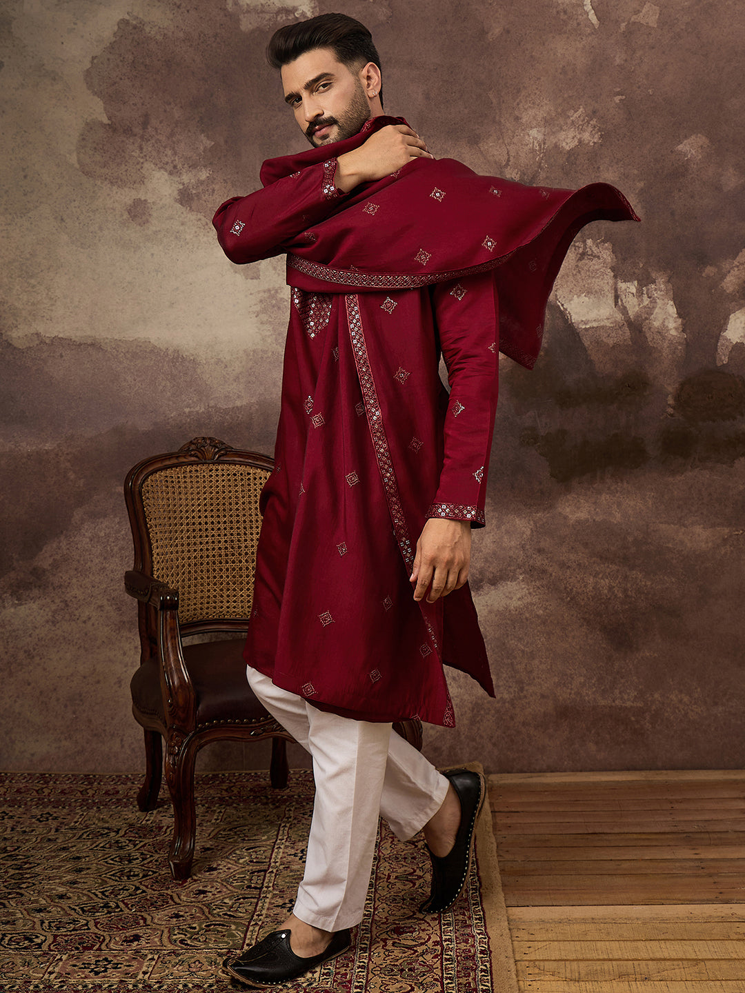 Ethnic Bay Men Maroon Silk Blend Embroidered Straight Kurta Trouser with Dupatta-MKPD1005