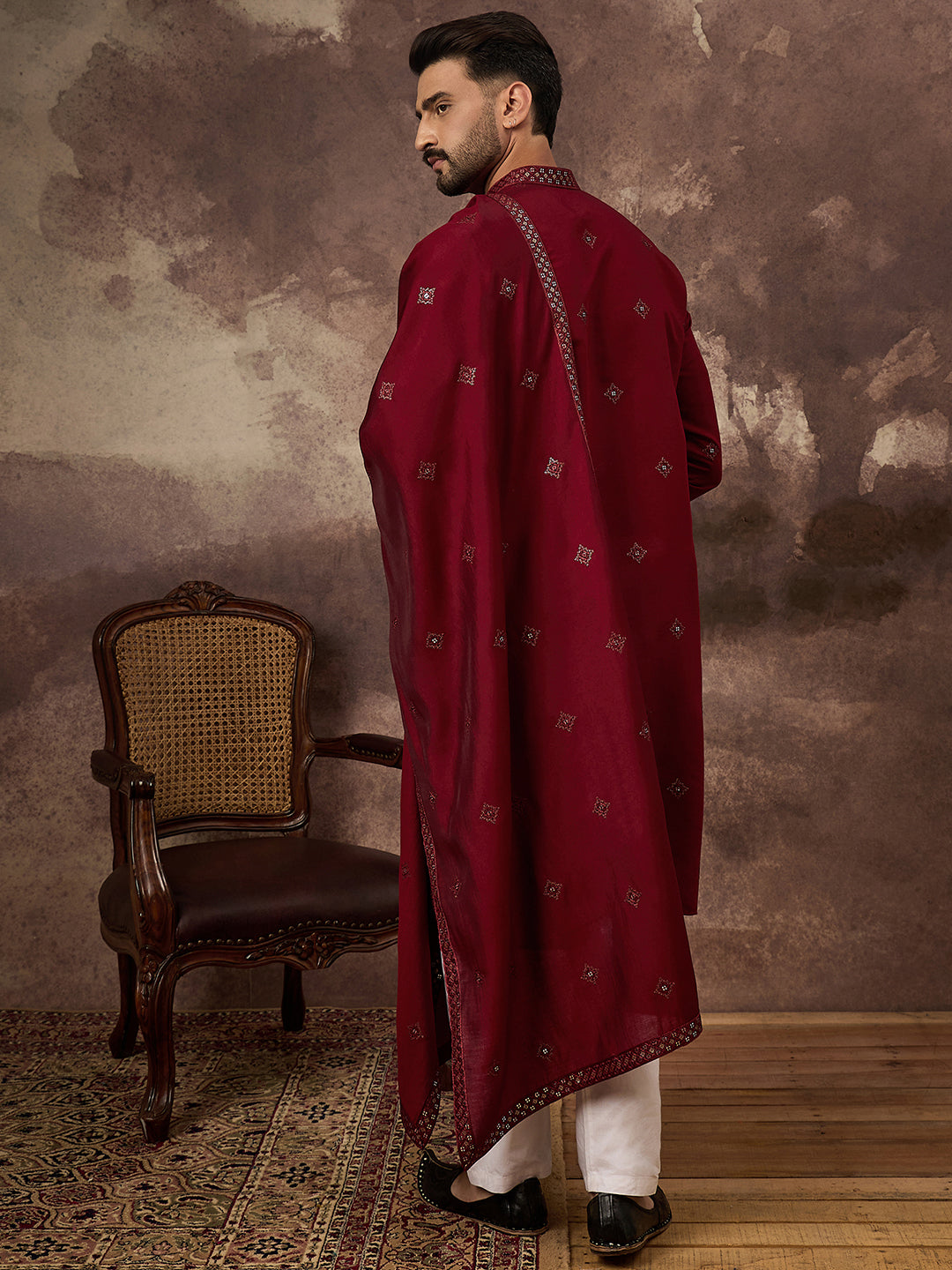 Ethnic Bay Men Maroon Silk Blend Embroidered Straight Kurta Trouser with Dupatta-MKPD1005