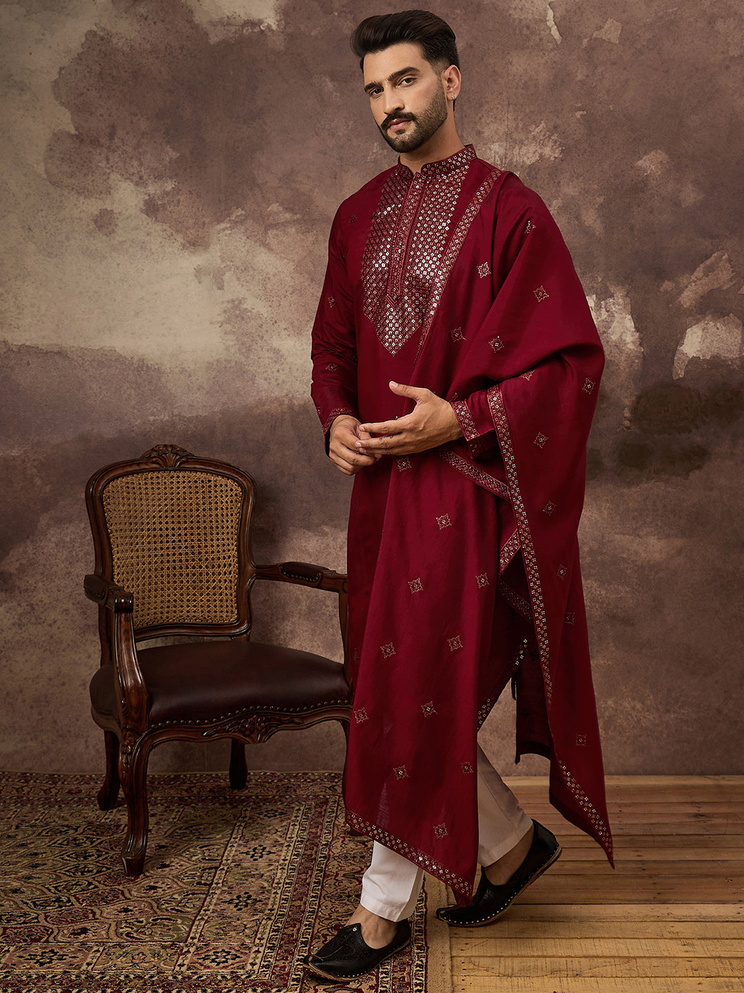 Ethnic Bay Men Maroon Silk Blend Embroidered Straight Kurta Trouser with Dupatta-MKPD1005