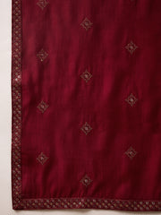Ethnic Bay Men Maroon Silk Blend Solid Embroidered Straight Kurta with Dupatta-MKUD1005