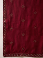 Ethnic Bay Men Maroon Silk Blend Embroidered Straight Kurta Trouser with Dupatta-MKPD1005