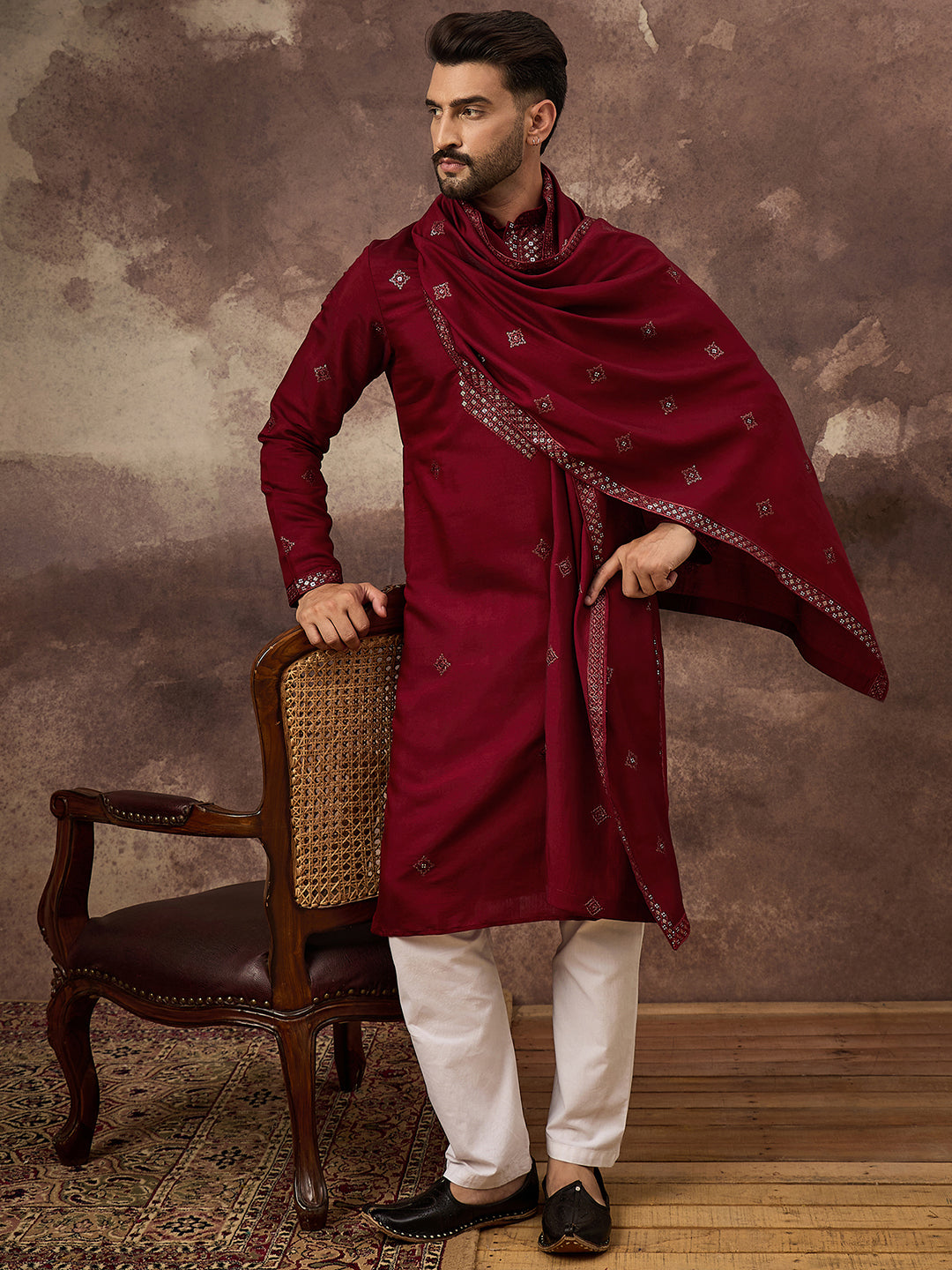 Ethnic Bay Men Maroon Silk Blend Solid Embroidered Straight Kurta with Dupatta-MKUD1005