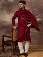 Ethnic Bay Men Maroon Silk Blend Embroidered Straight Kurta Trouser with Dupatta-MKPD1005