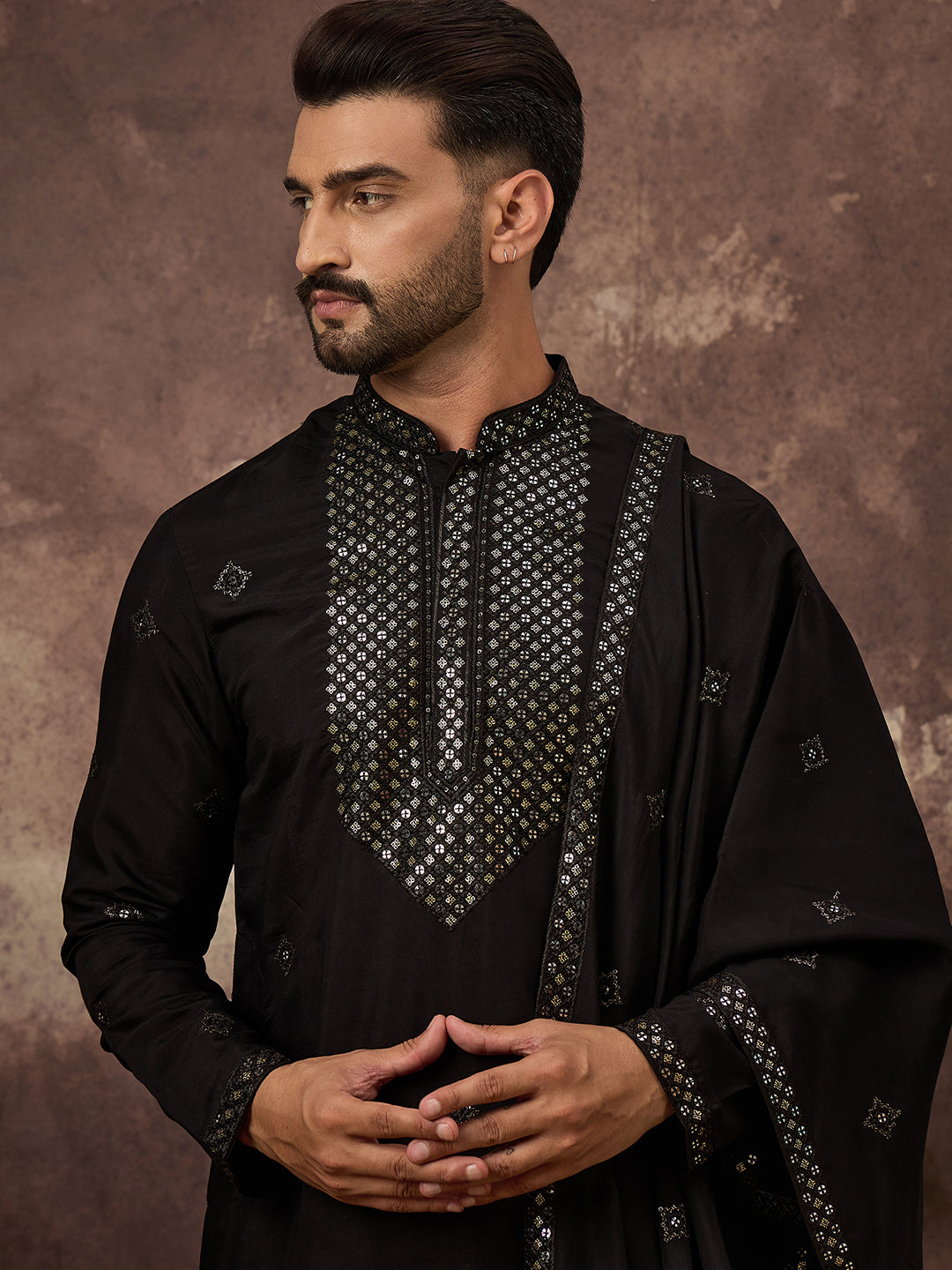 Ethnic Bay Men Black Silk Blend Embroidered Straight Kurta Trouser with Dupatta-MKPD1006