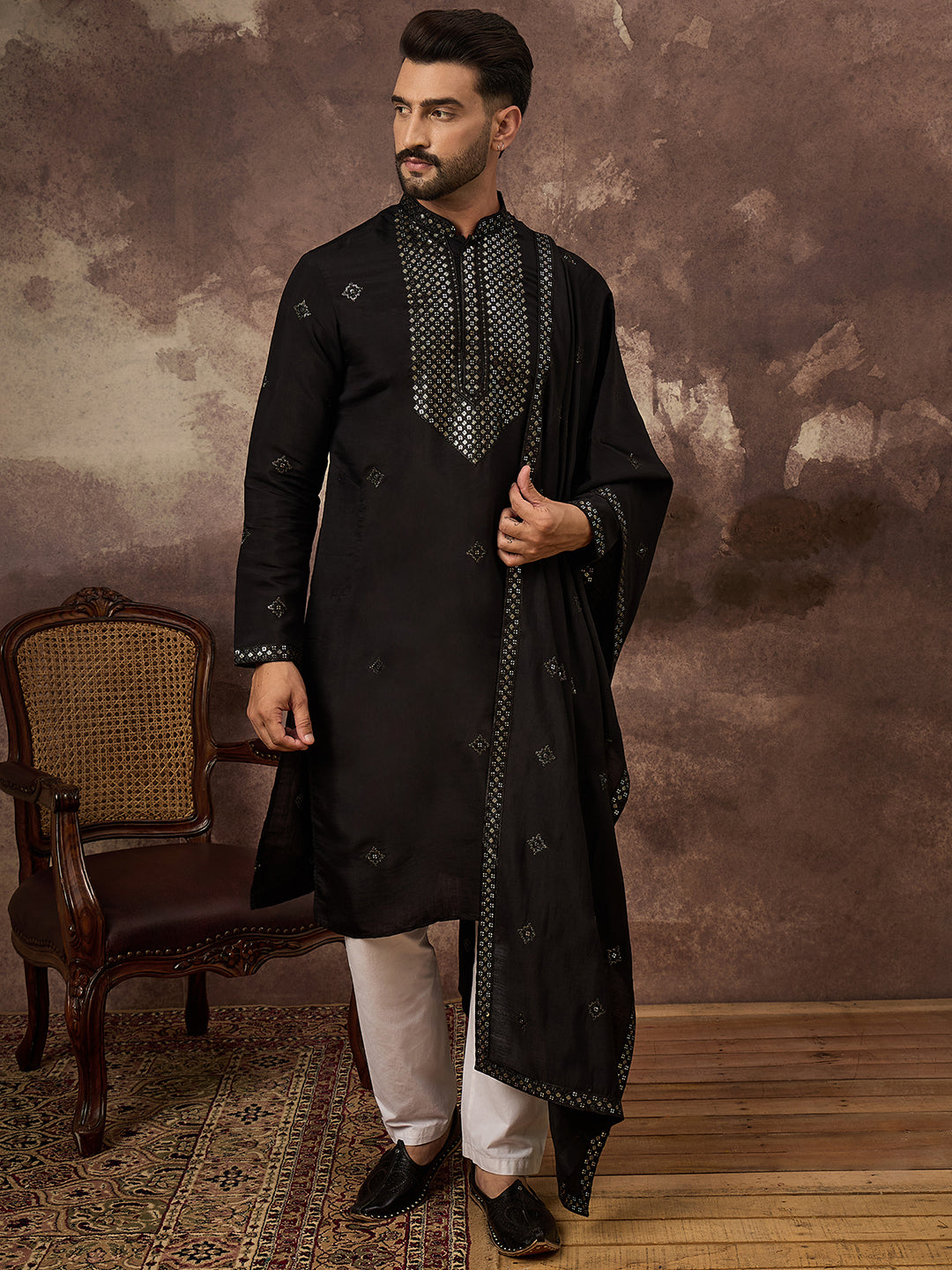 Ethnic Bay Men Black Silk Blend Solid Embroidered Straight Kurta with Dupatta-MKUD1006