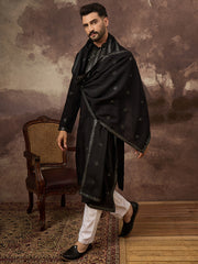 Ethnic Bay Men Black Silk Blend Solid Embroidered Straight Kurta with Dupatta-MKUD1006