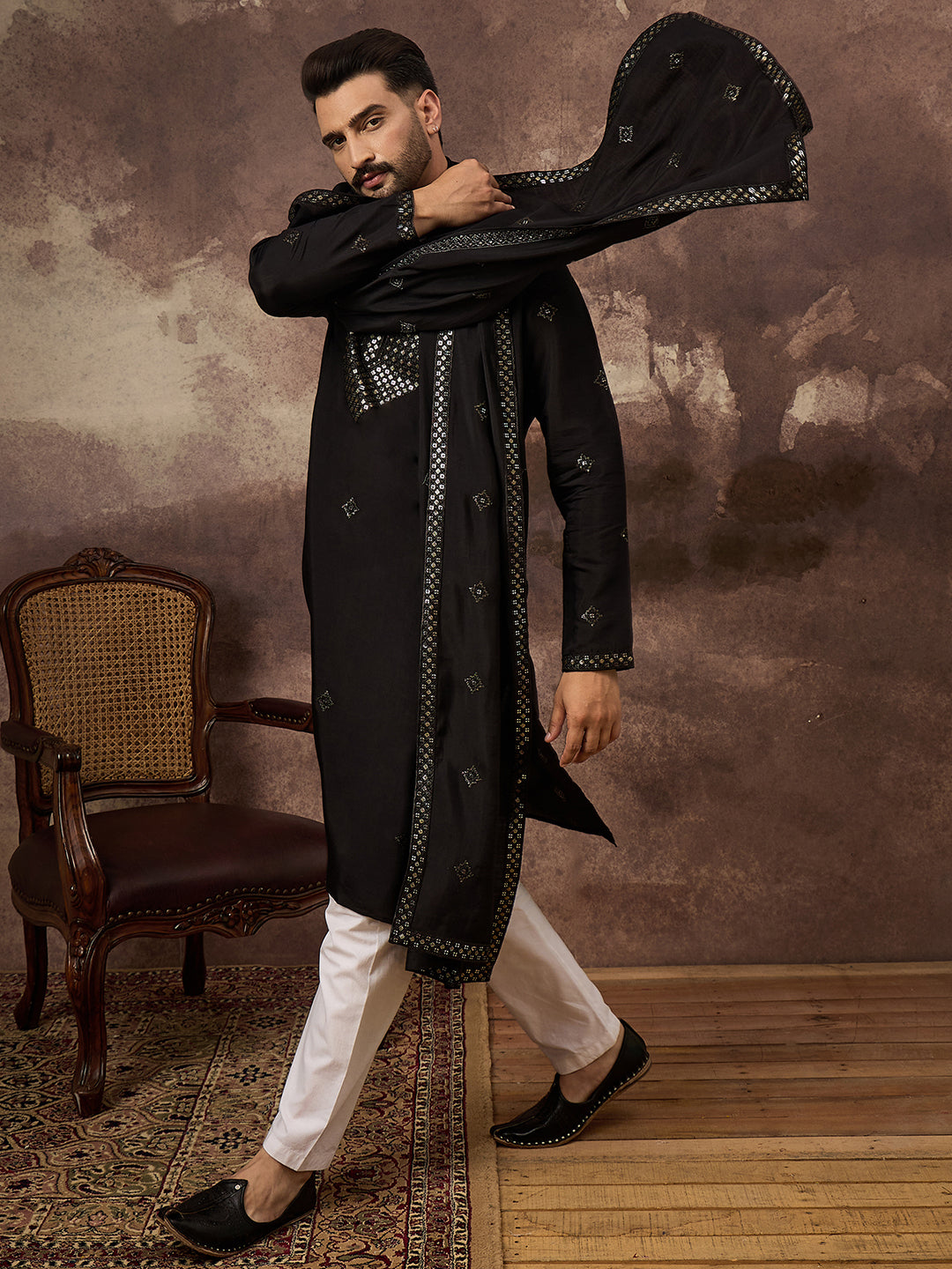Ethnic Bay Men Black Silk Blend Embroidered Straight Kurta Trouser with Dupatta-MKPD1006