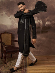 Ethnic Bay Men Black Silk Blend Solid Embroidered Straight Kurta with Dupatta-MKUD1006