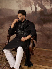 Ethnic Bay Men Black Silk Blend Embroidered Straight Kurta Trouser with Dupatta-MKPD1006