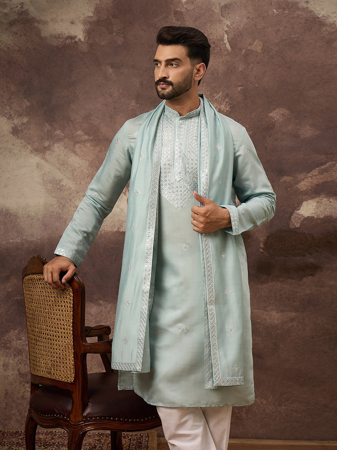 Ethnic Bay Men Blue Silk Blend Solid Embroidered Straight Kurta with Dupatta-MKUD1007