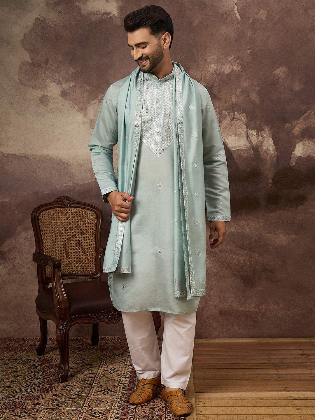Ethnic Bay Men Blue Silk Blend Embroidered Straight Kurta Trouser with Dupatta-MKPD1007