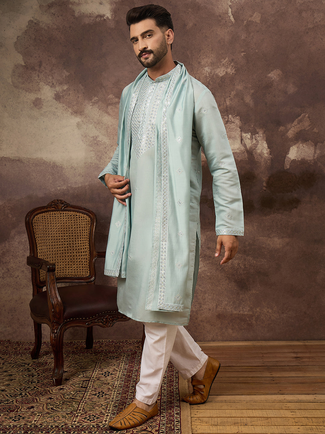 Ethnic Bay Men Blue Silk Blend Solid Embroidered Straight Kurta with Dupatta-MKUD1007