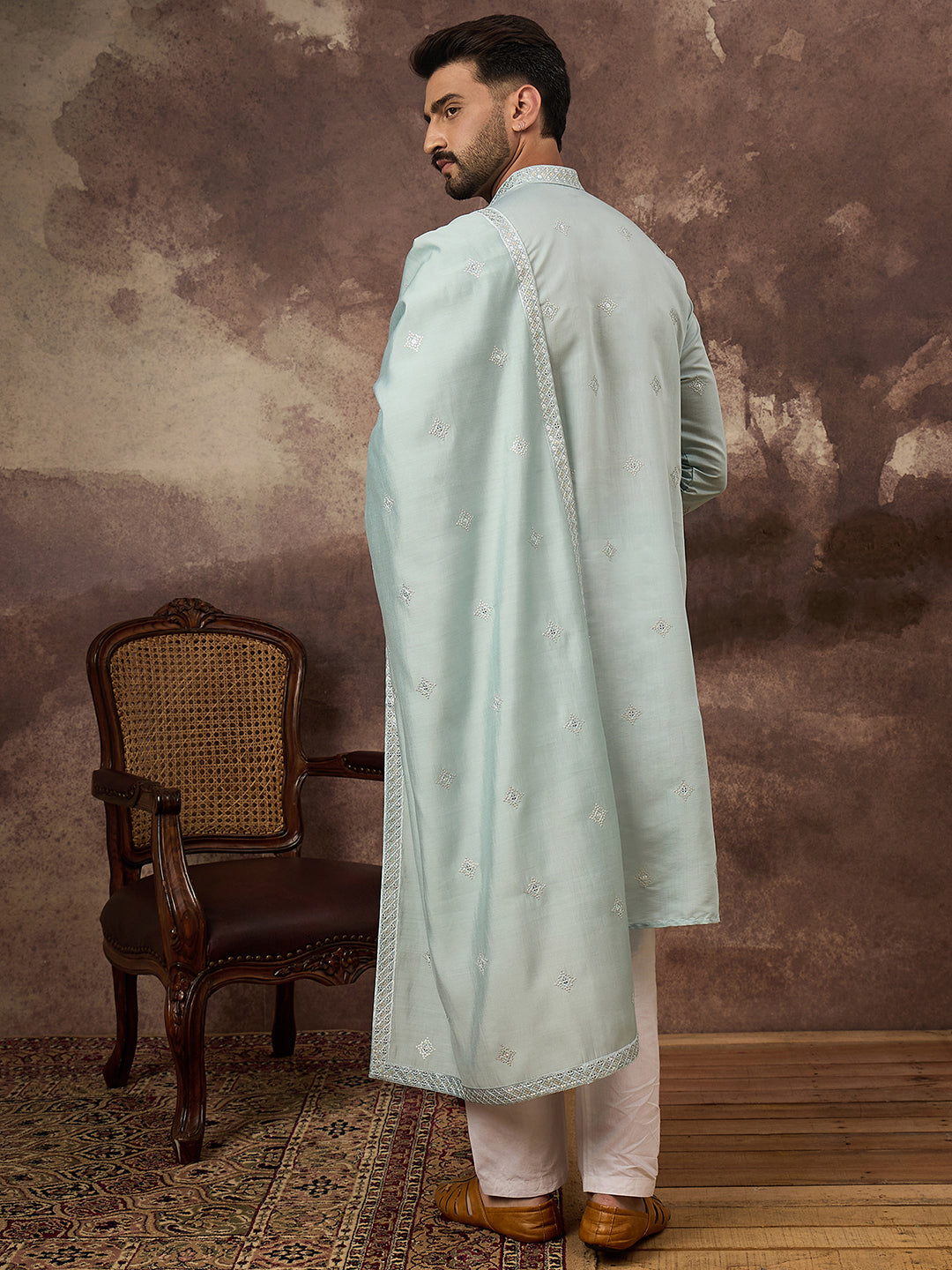 Ethnic Bay Men Blue Silk Blend Solid Embroidered Straight Kurta with Dupatta-MKUD1007