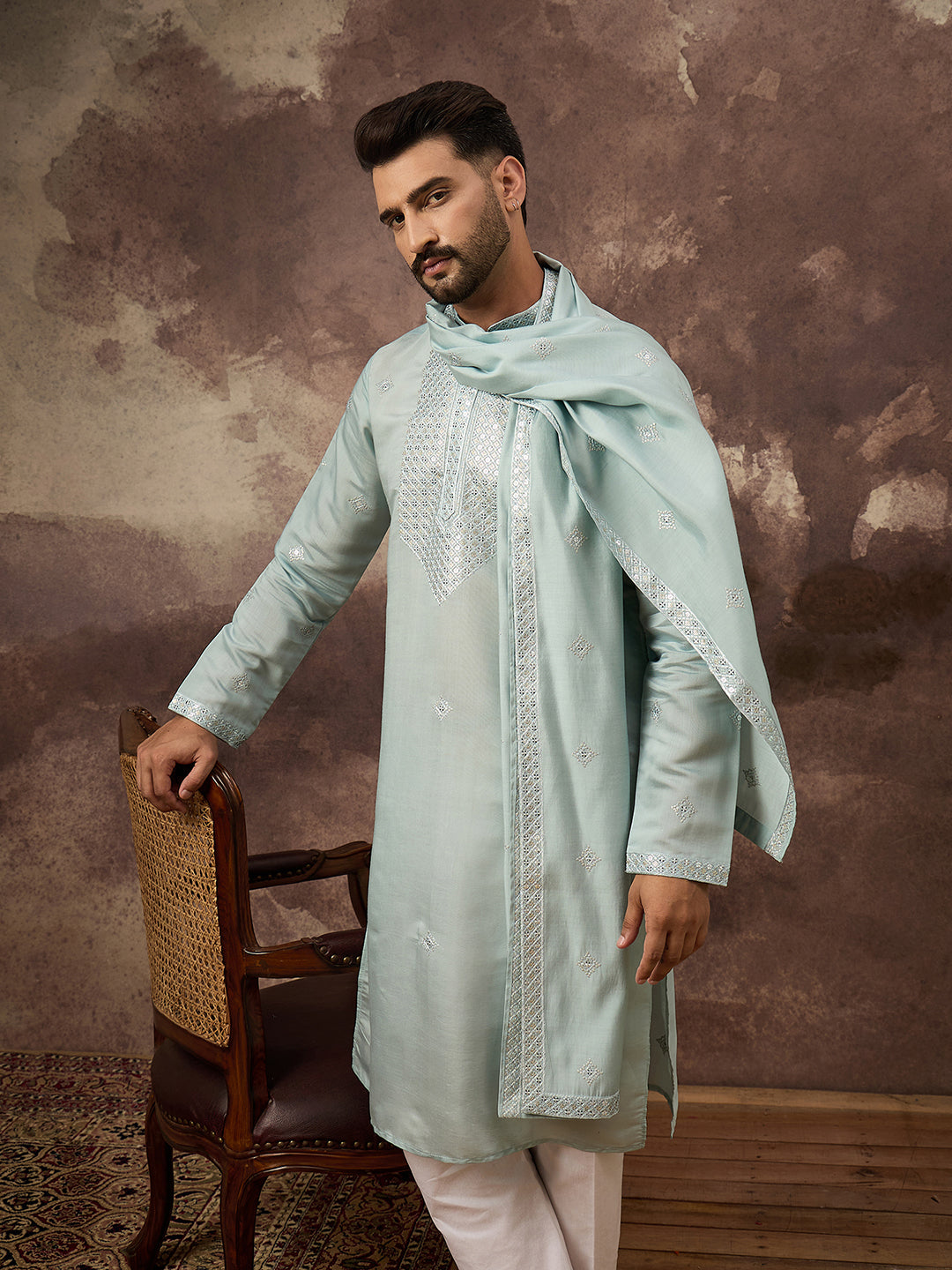 Ethnic Bay Men Blue Silk Blend Solid Embroidered Straight Kurta with Dupatta-MKUD1007