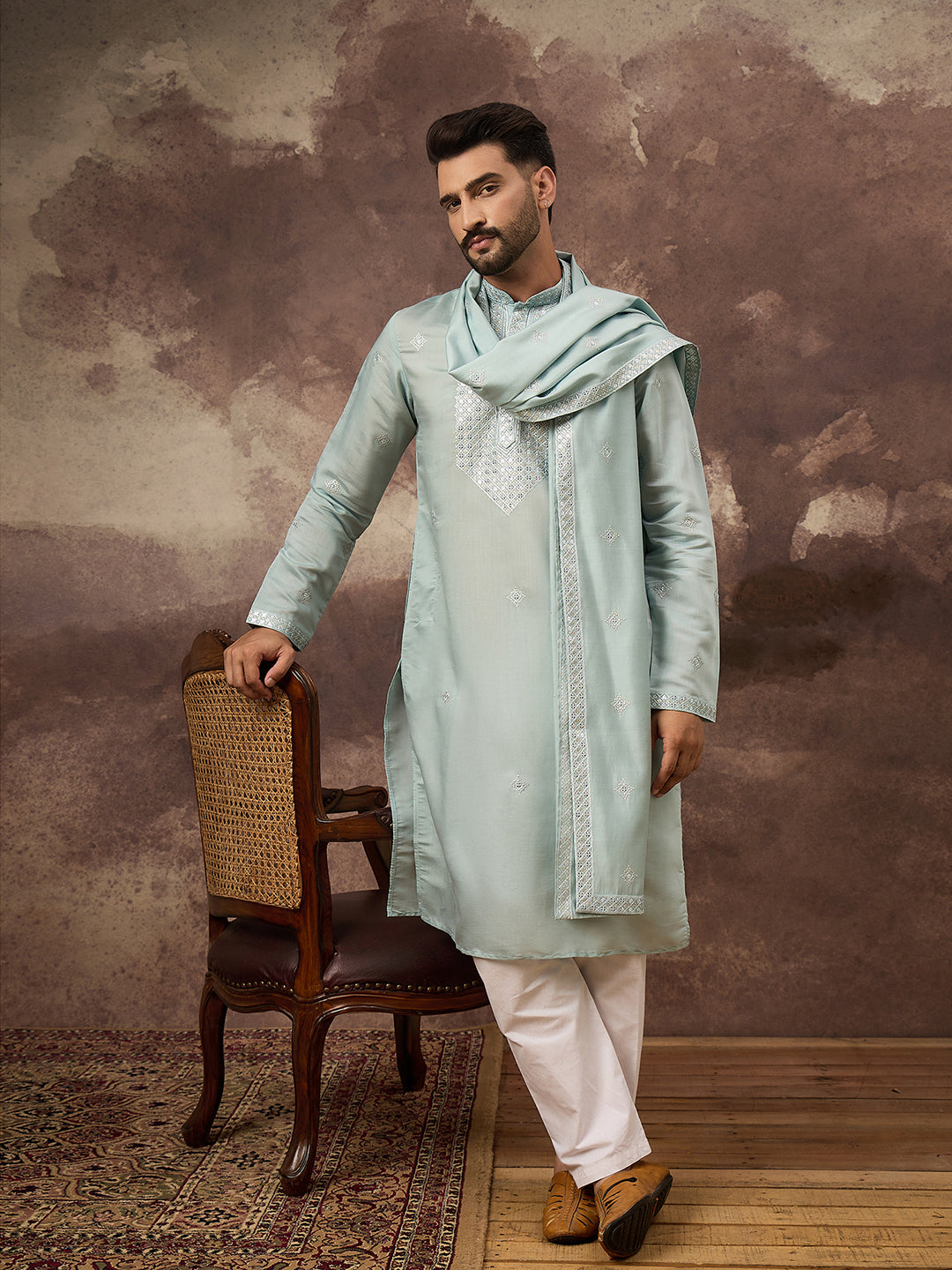 Ethnic Bay Men Blue Silk Blend Solid Embroidered Straight Kurta with Dupatta-MKUD1007