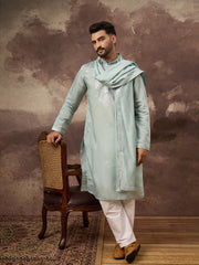 Men Blue Silk Blend Solid Embroidered Straight Kurta with Dupatta-MKUD1007