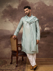 Ethnic Bay Men Blue Silk Blend Embroidered Straight Kurta Trouser with Dupatta-MKPD1007