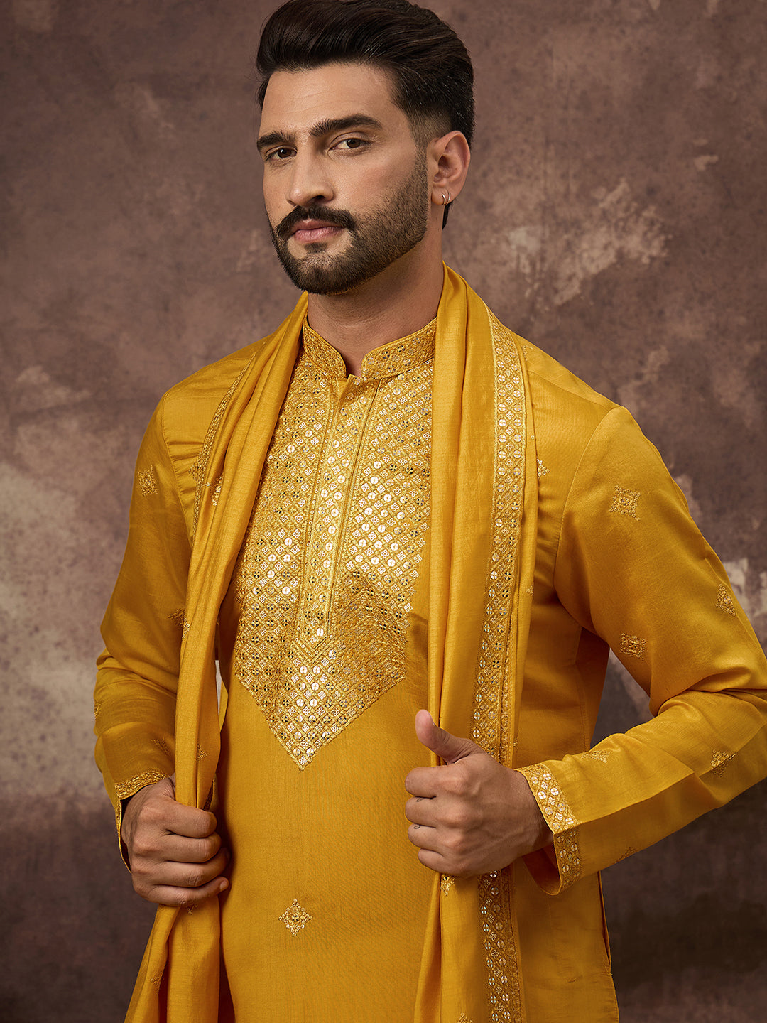 Men Yellow Silk Blend Solid Embroidered Straight Kurta with Dupatta-MKUD1008