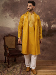 Men Yellow Silk Blend Solid Embroidered Straight Kurta with Dupatta-MKUD1008