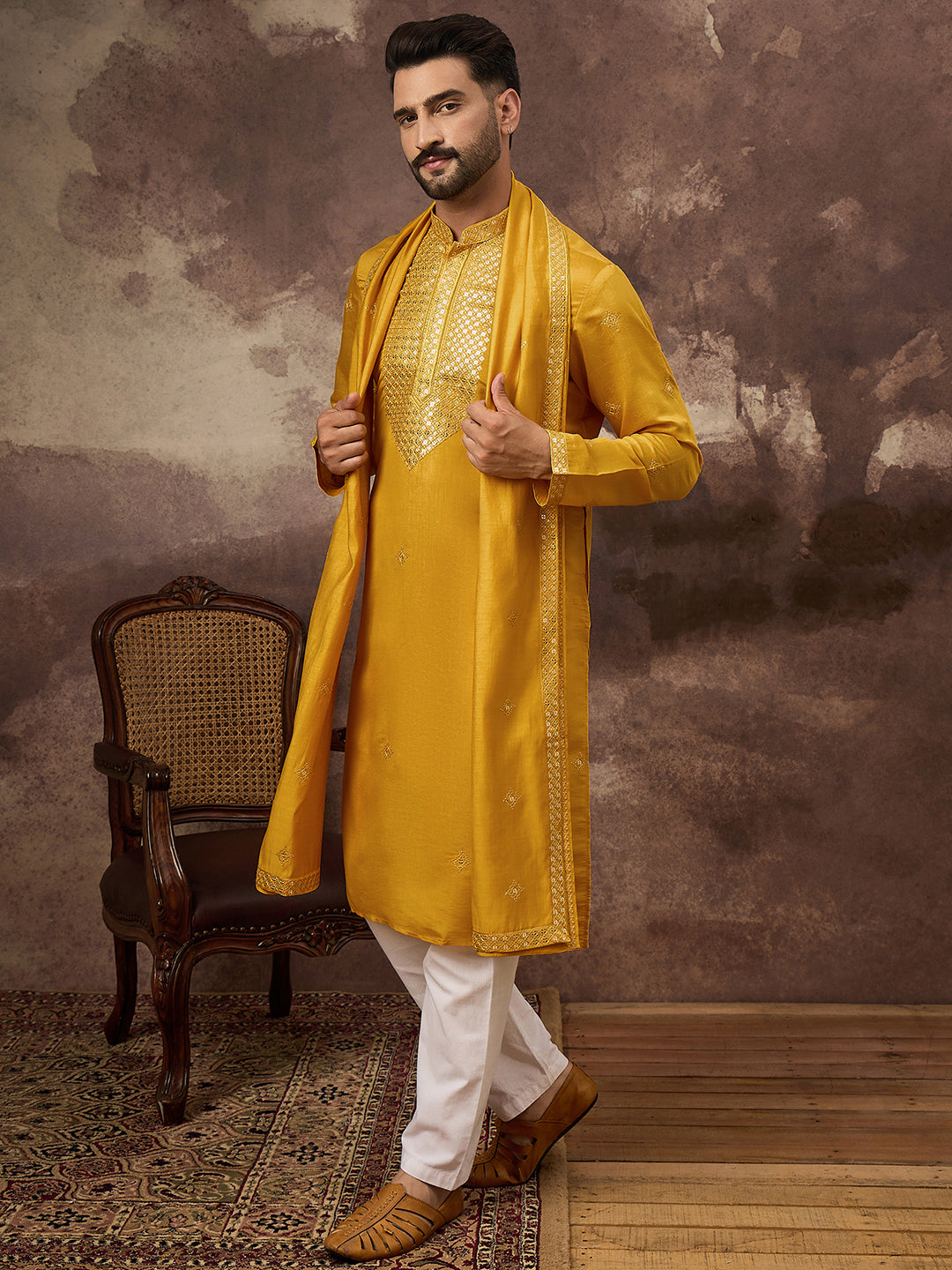 Ethnic Bay Men Yellow Silk Blend Embroidered Straight Kurta Trouser with Dupatta-MKPD1008