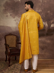 Men Yellow Silk Blend Solid Embroidered Straight Kurta with Dupatta-MKUD1008