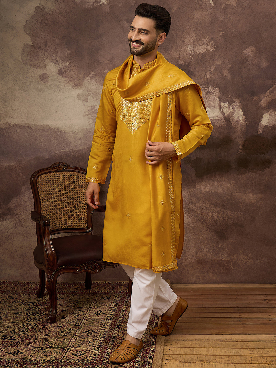 Ethnic Bay Men Yellow Silk Blend Solid Embroidered Straight Kurta with Dupatta-MKUD1008