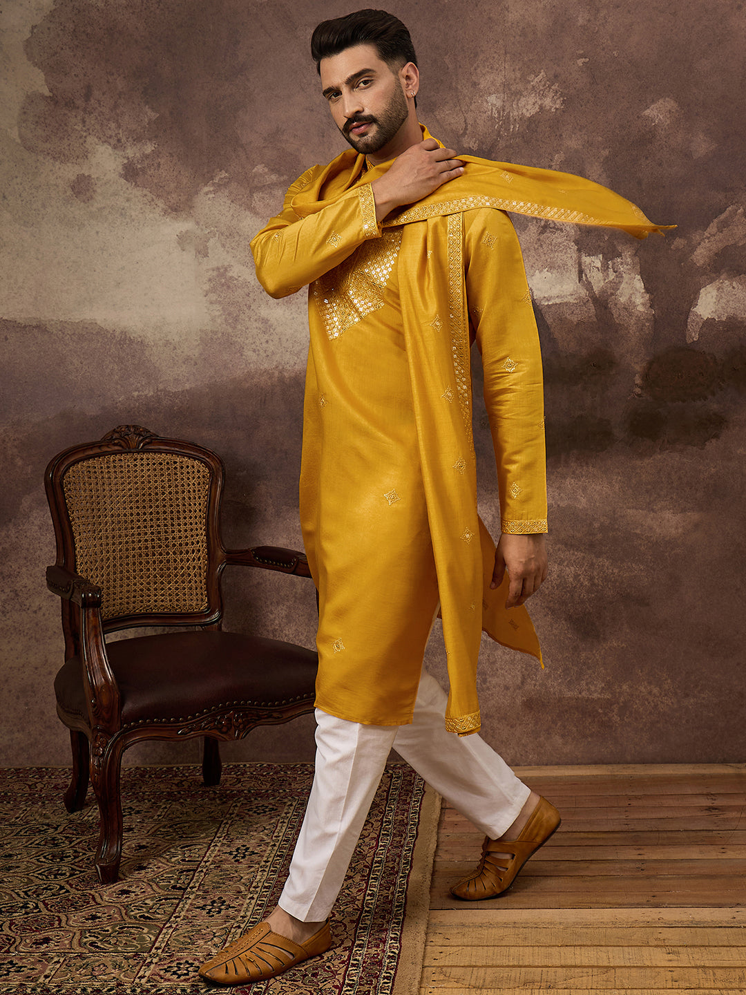 Ethnic Bay Men Yellow Silk Blend Solid Embroidered Straight Kurta with Dupatta-MKUD1008