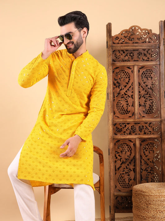 Men Yellow Viscose Rayon Solid Embroidered Straight Kurta with Trousers-MKSET1010YLW 1080