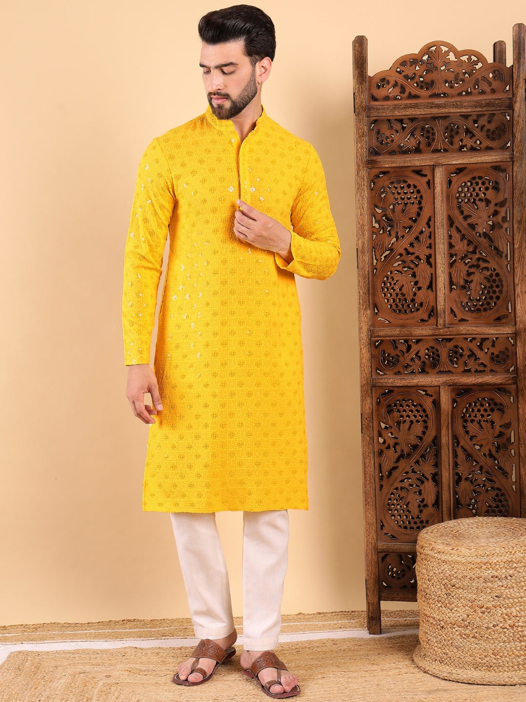 Ethnic Bay Men Yellow Viscose Rayon Solid Embroidered Straight Kurta with Trousers-MKSET1010YLW