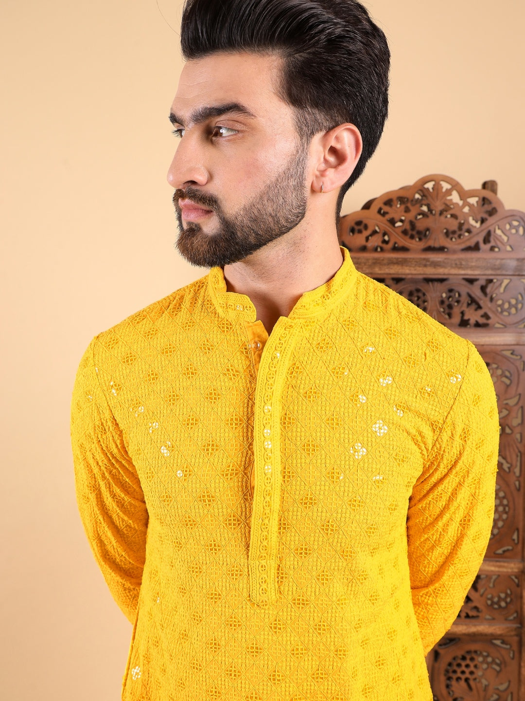 Ethnic Bay Men Yellow Viscose Rayon Solid Embroidered Straight Kurta with Trousers-MKSET1010YLW