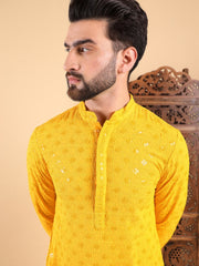Ethnic Bay Men Yellow Viscose Rayon Solid Embroidered Straight Kurta with Trousers-MKSET1010YLW
