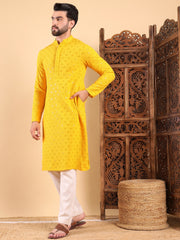 Ethnic Bay Men Yellow Viscose Rayon Solid Embroidered Straight Kurta with Trousers-MKSET1010YLW