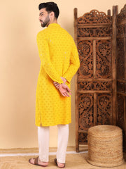 Ethnic Bay Men Yellow Viscose Rayon Solid Embroidered Straight Kurta with Trousers-MKSET1010YLW